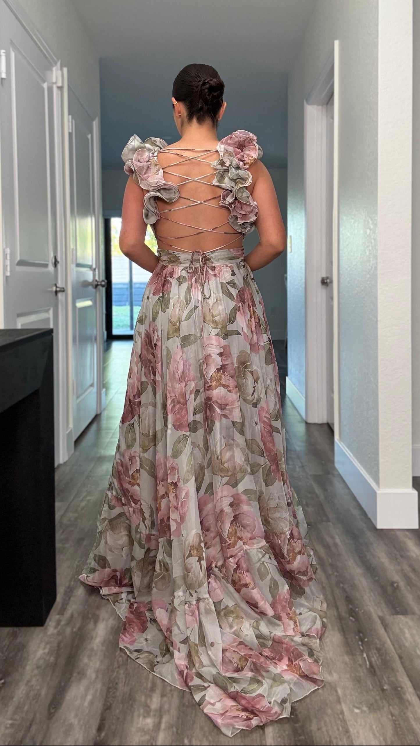 back of floral maxi dress with lace up detail