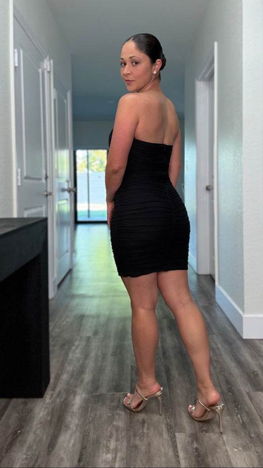 back side of mini black dress with zipper closure