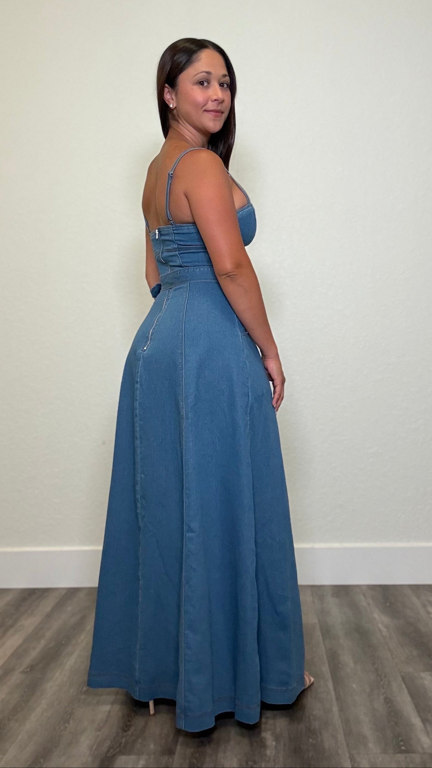 Woman wearing a denim maxi dress