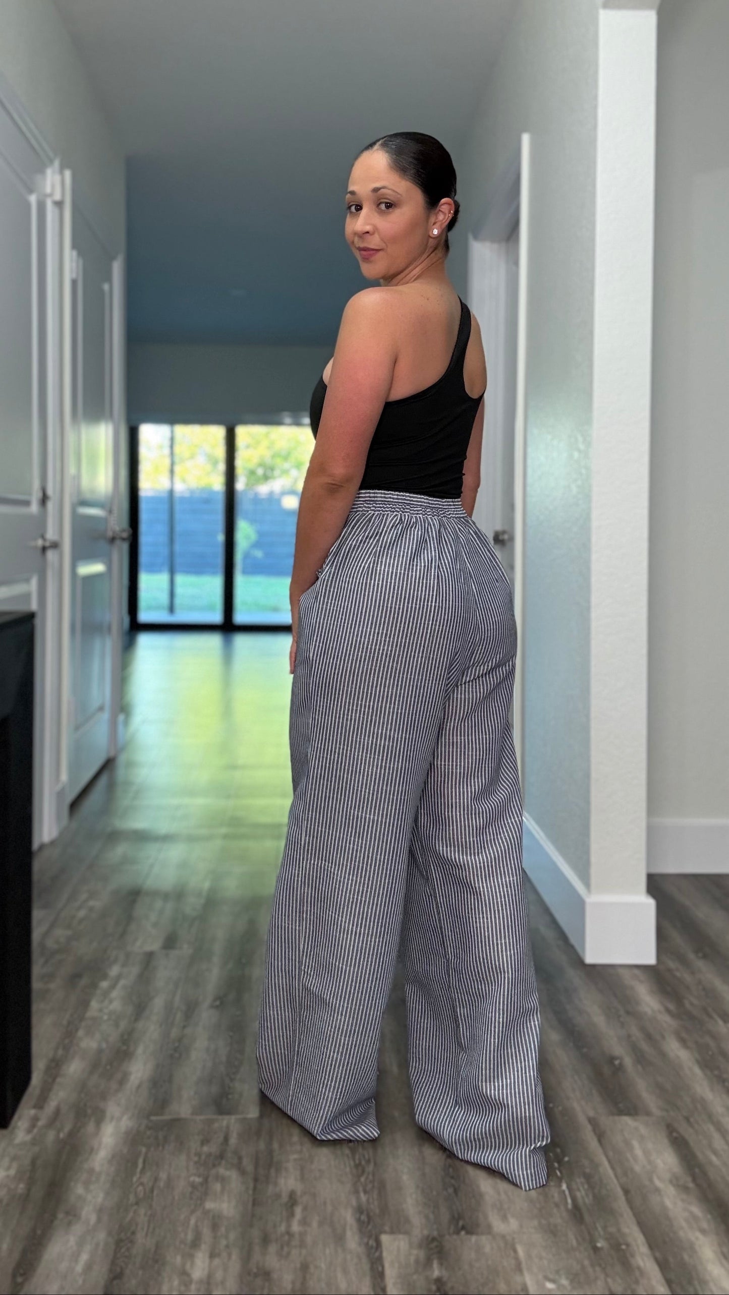 high waisted blue and white striped trousers