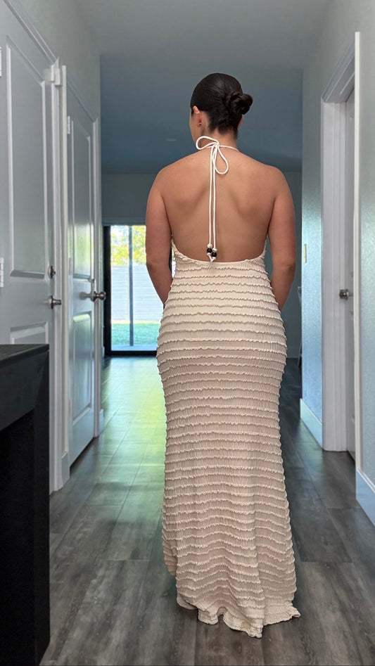 back side of beige maxi dress with open back