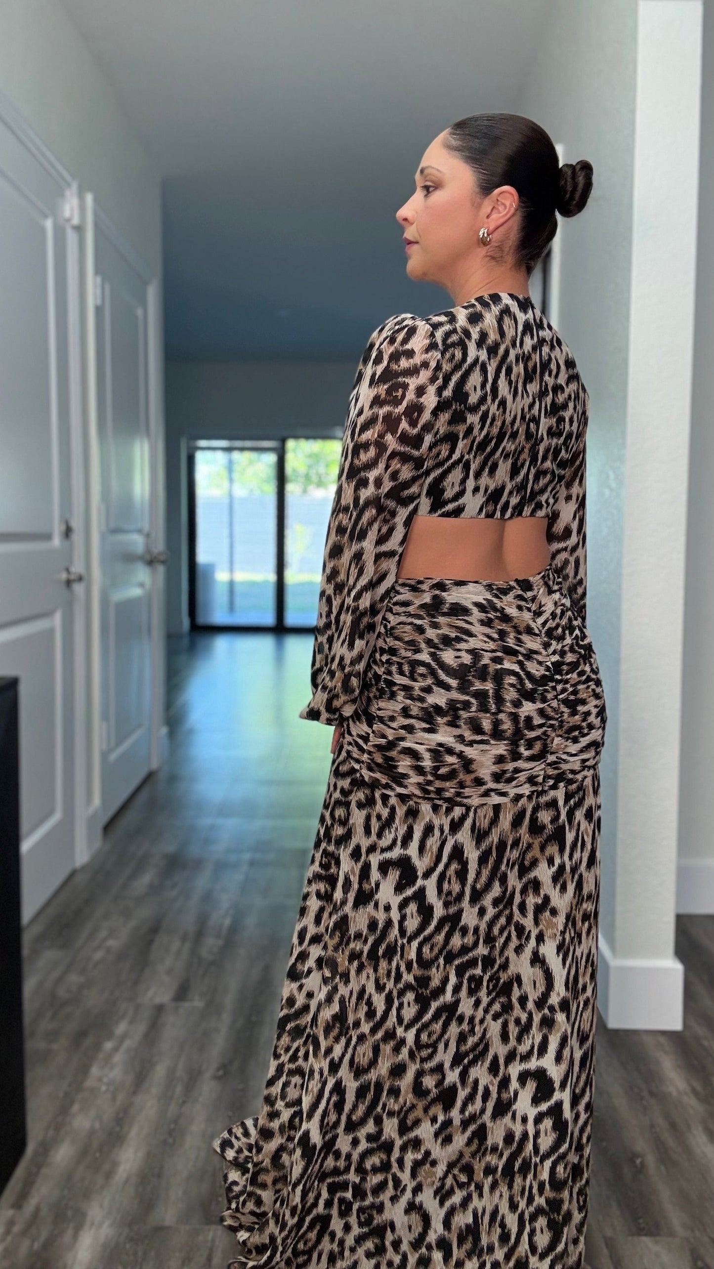back of leopard print maxi dress with lower back open