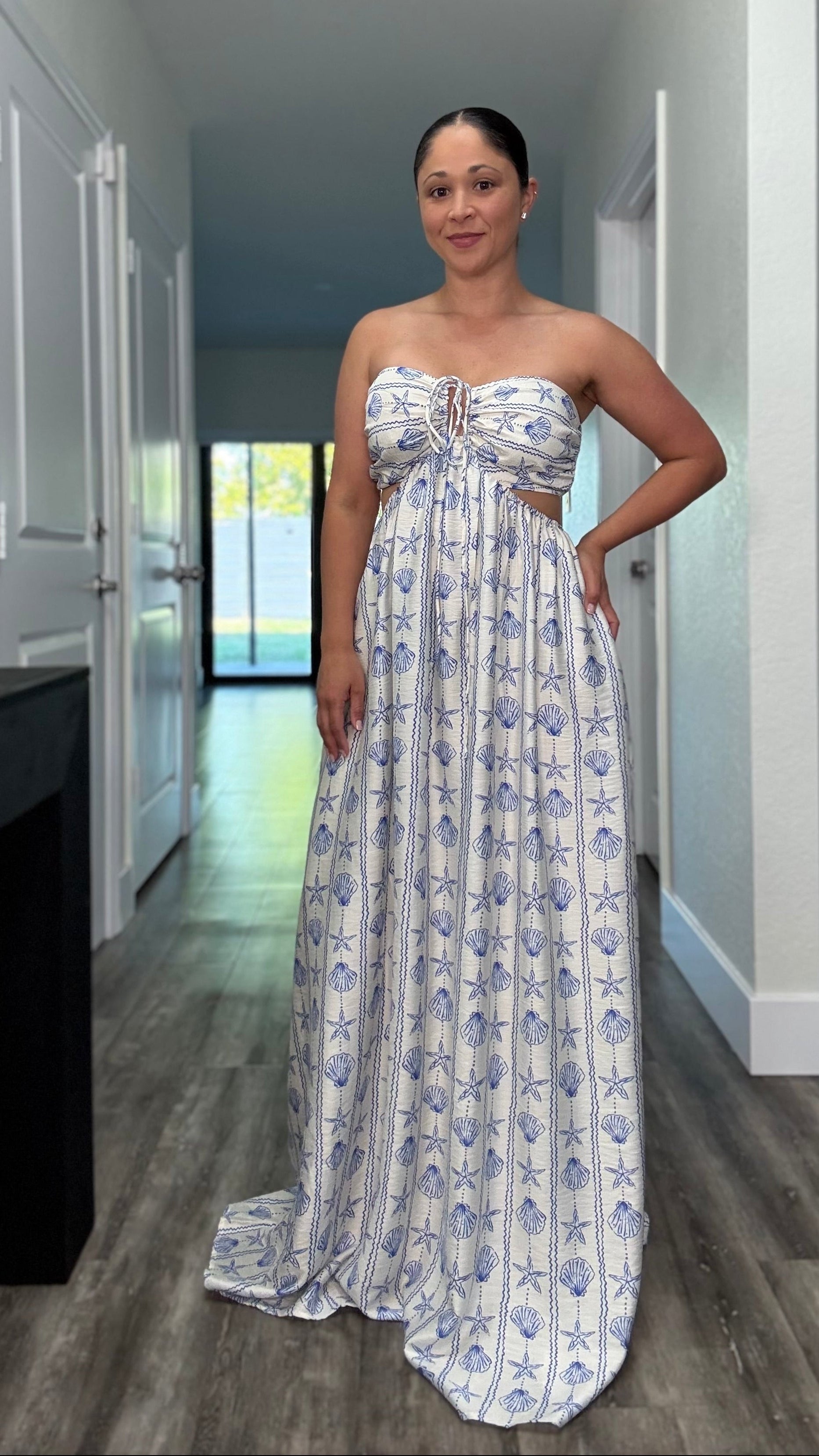 strapless seashells dress with side cutouts and front tie