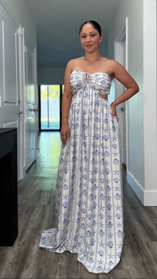 strapless seashells dress with side cutouts and front tie