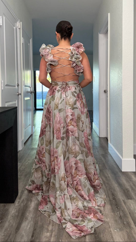back of floral maxi dress with lace up detail