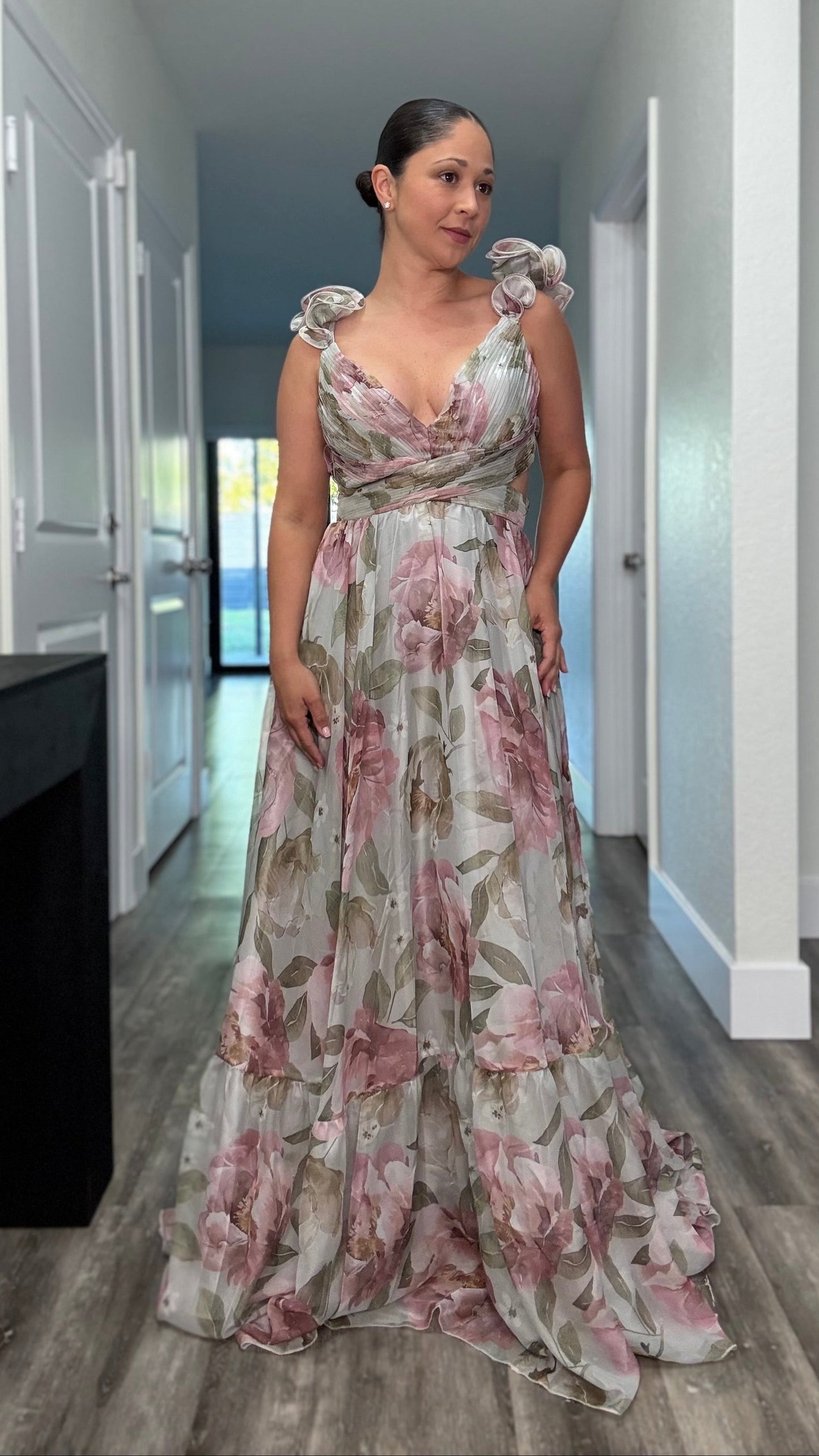 romantic floral maxi dress with ruffled strap and side cutouts
