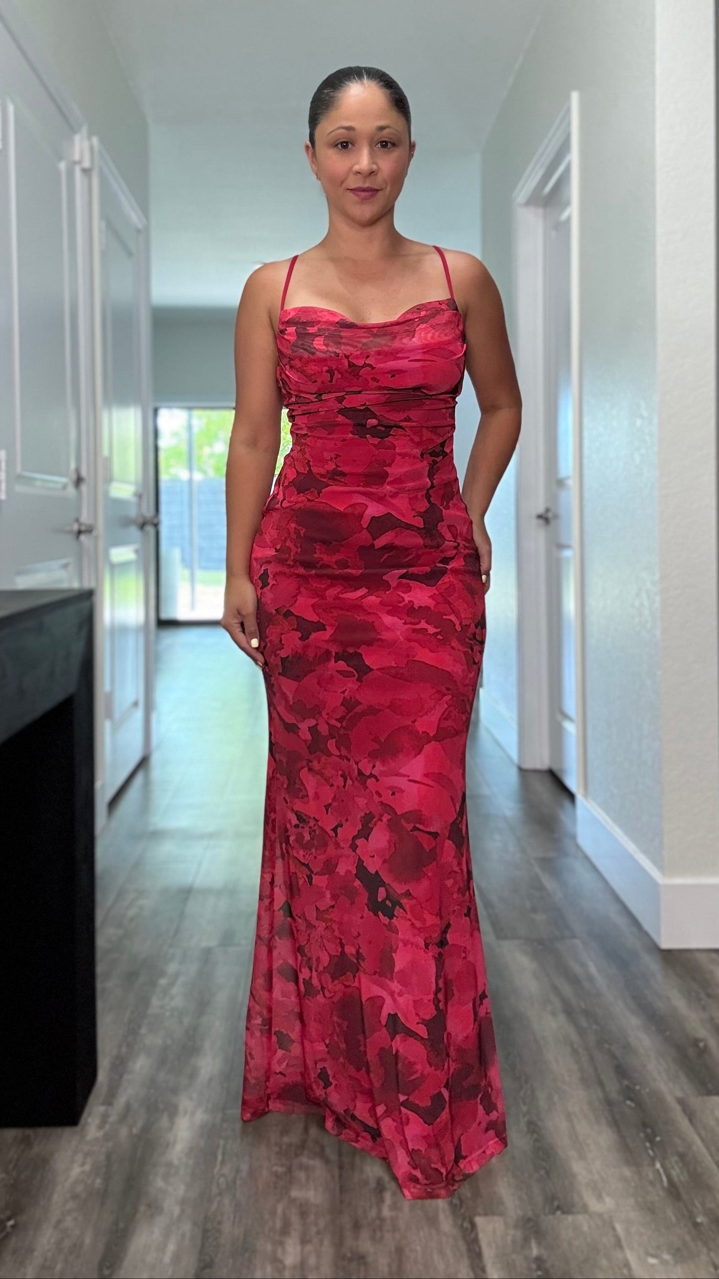 red floral maxi dress with cowl neck and adjustable spaghetti straps 