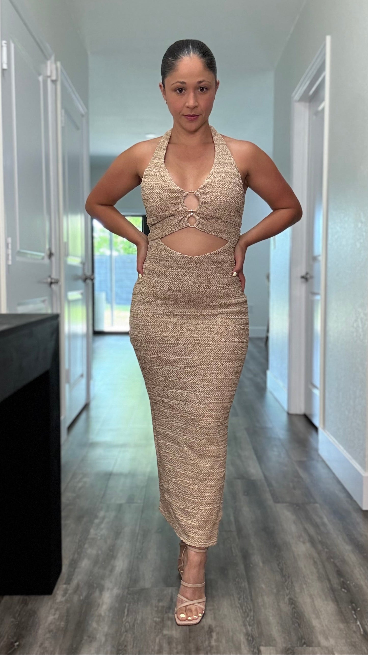 beige pattern knit midi dress with gold ring detail and halter tie
