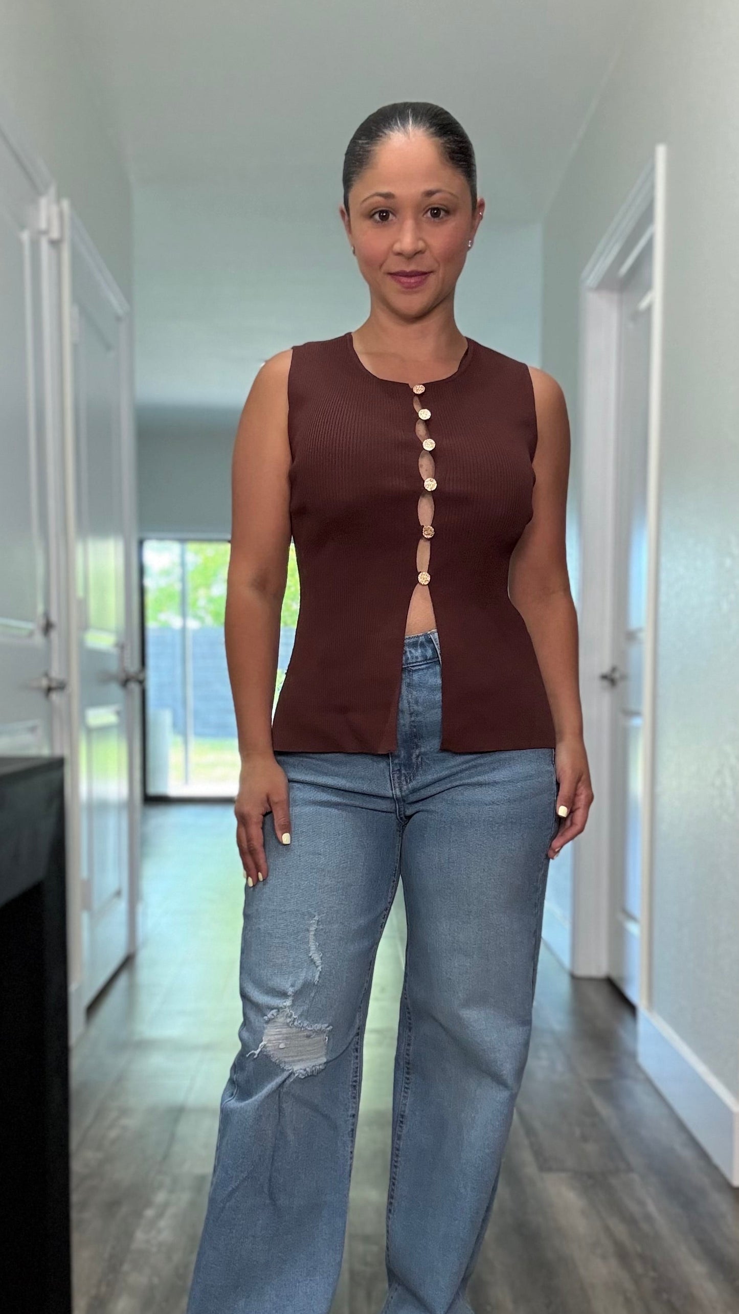 brown shirt with front buttons and open slit detail