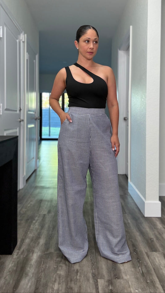 high waisted blue and white striped trousers