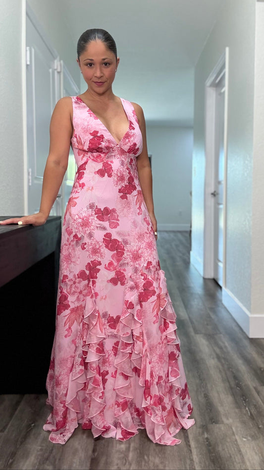 pink floral maxi dress with deep plunge neck and ruffled bottom