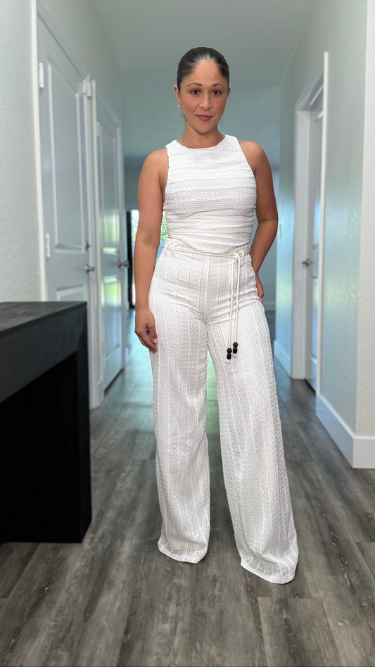 white textured pants set
