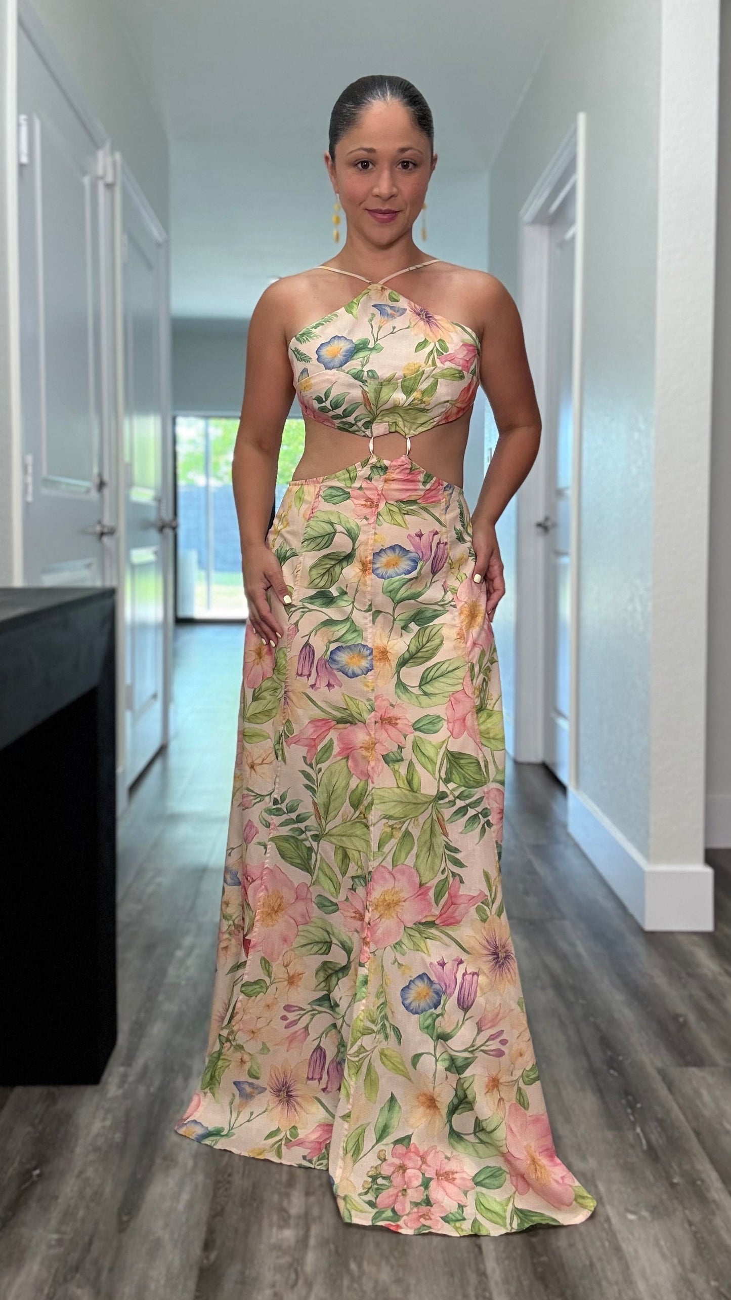 Floral dress with abstract ring in the middle