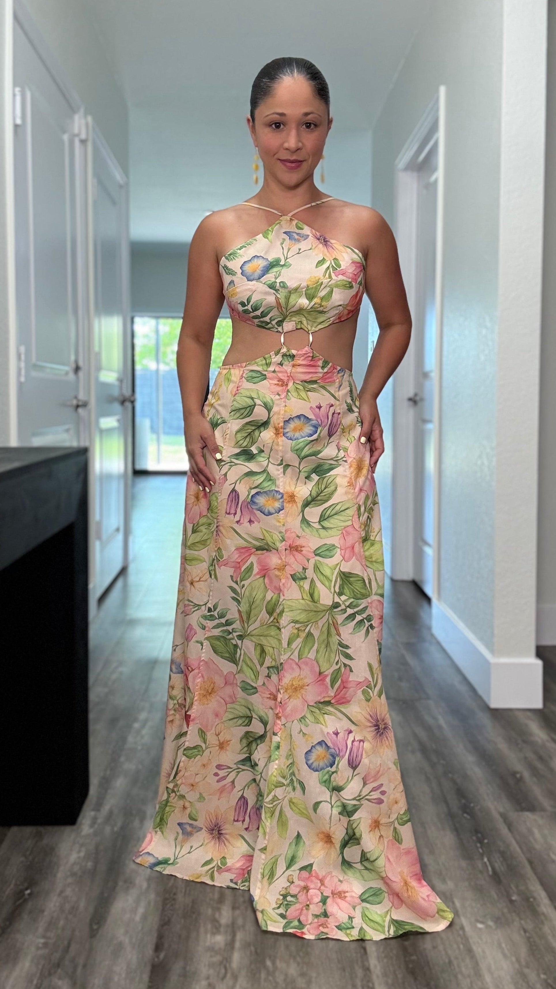 Floral dress with abstract ring in the middle