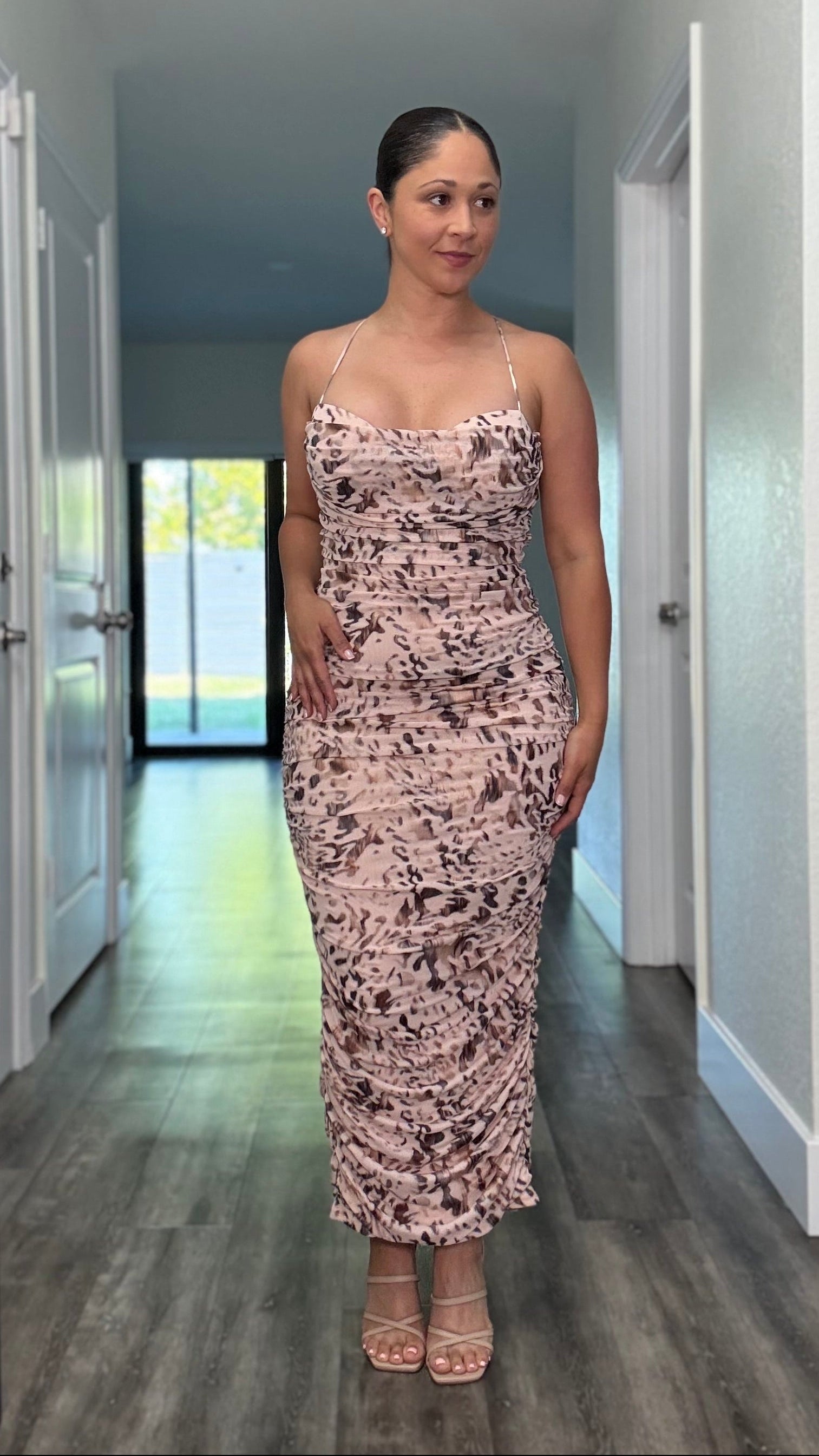 beige brown multicolor midi dress with spaghetti straps