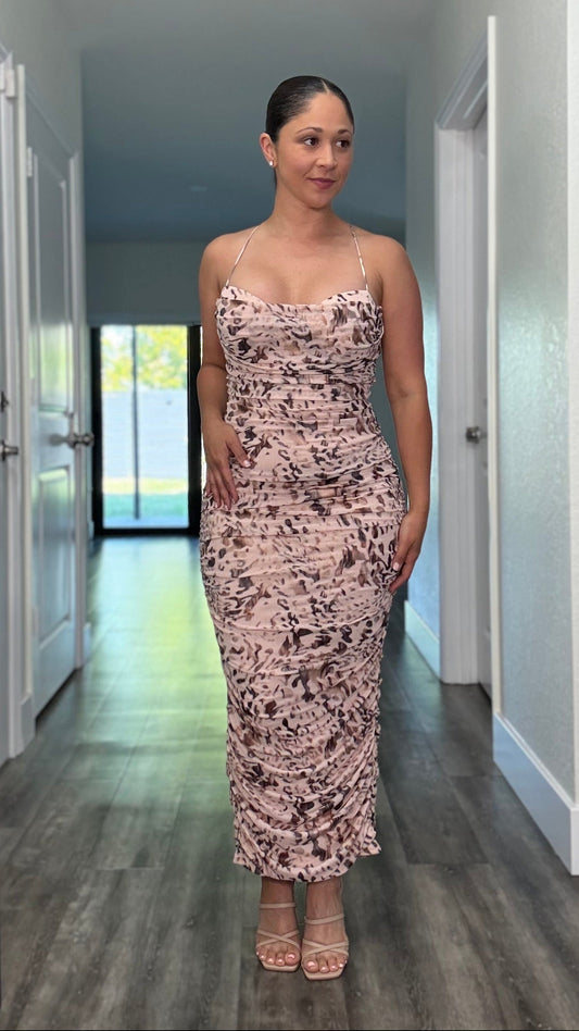 beige brown multicolor midi dress with spaghetti straps