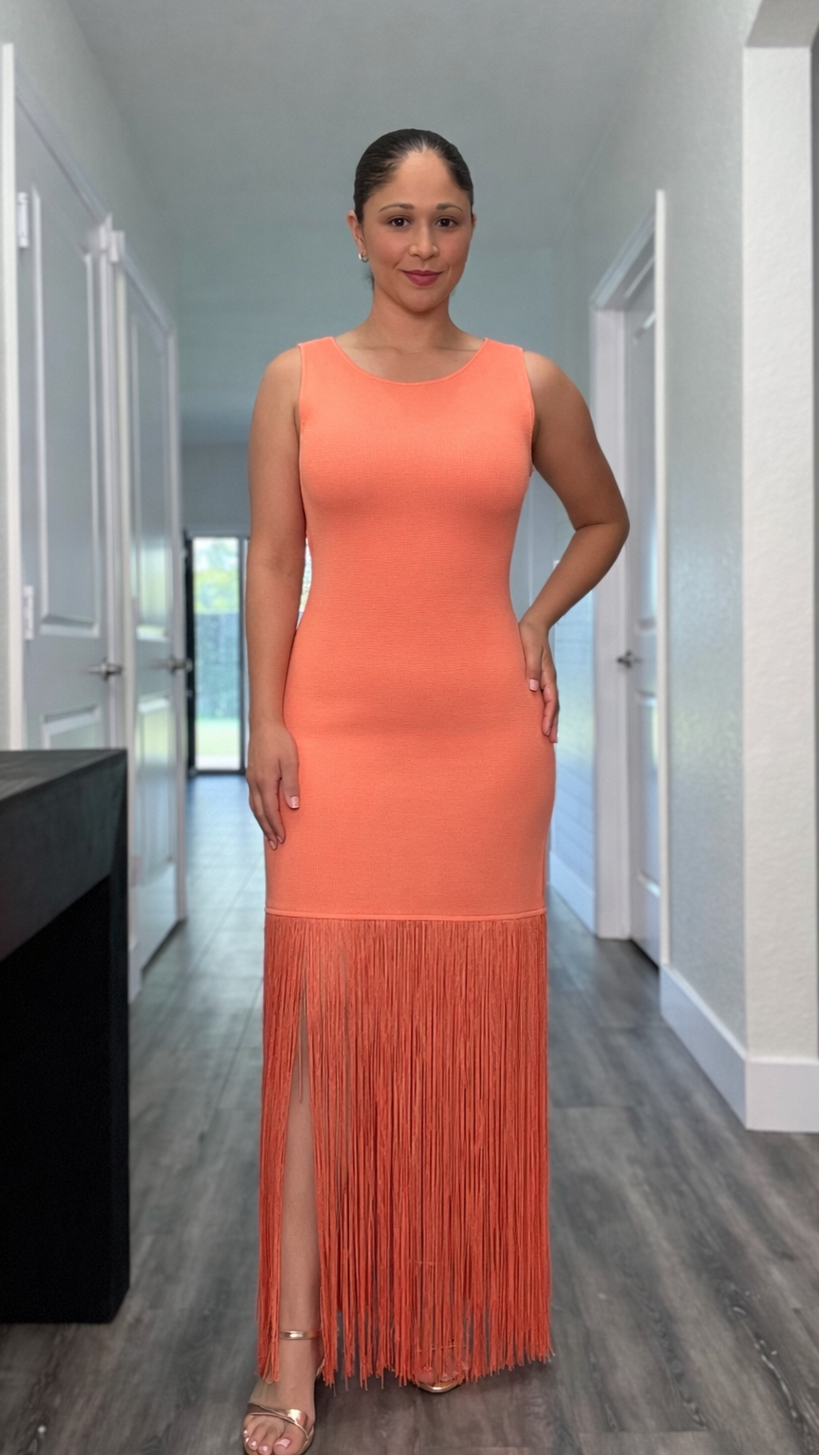orange midi dress with fringe detail