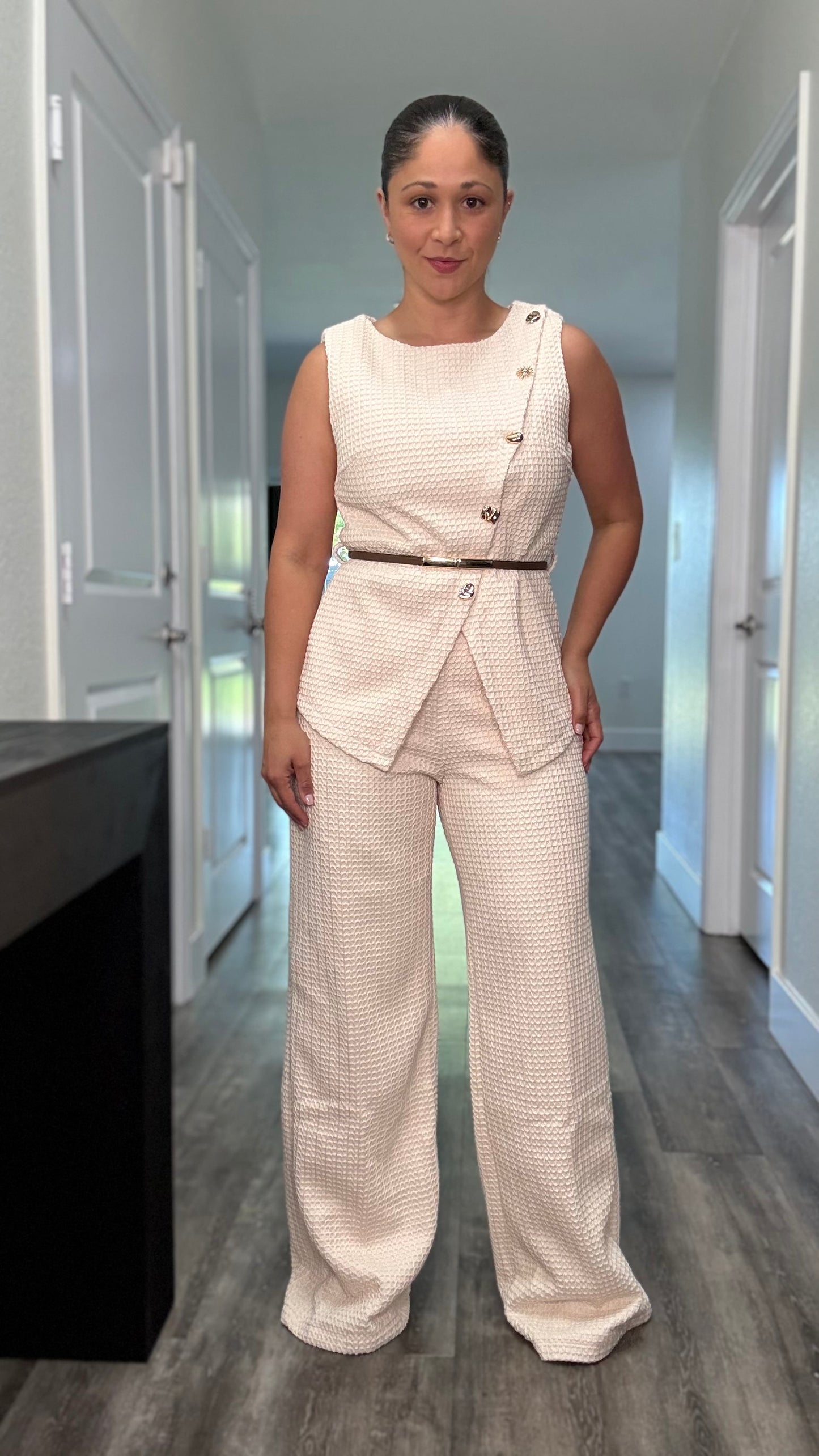 Taupe two piece pants set with asymmetrical buttons