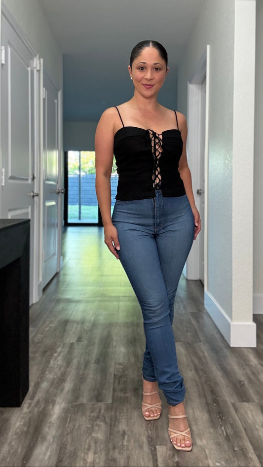 black spaghetti strap top with front lace up detail closure