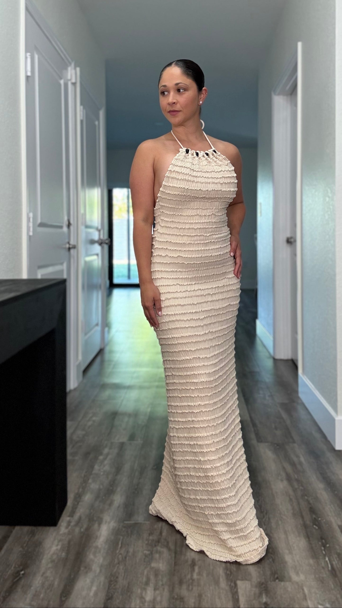 beige textured halter maxi dress with bead detail