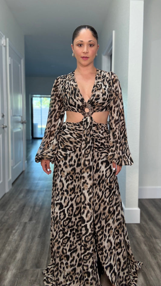 front of leopard print maxi dress with ring detail in the center and cut out sides